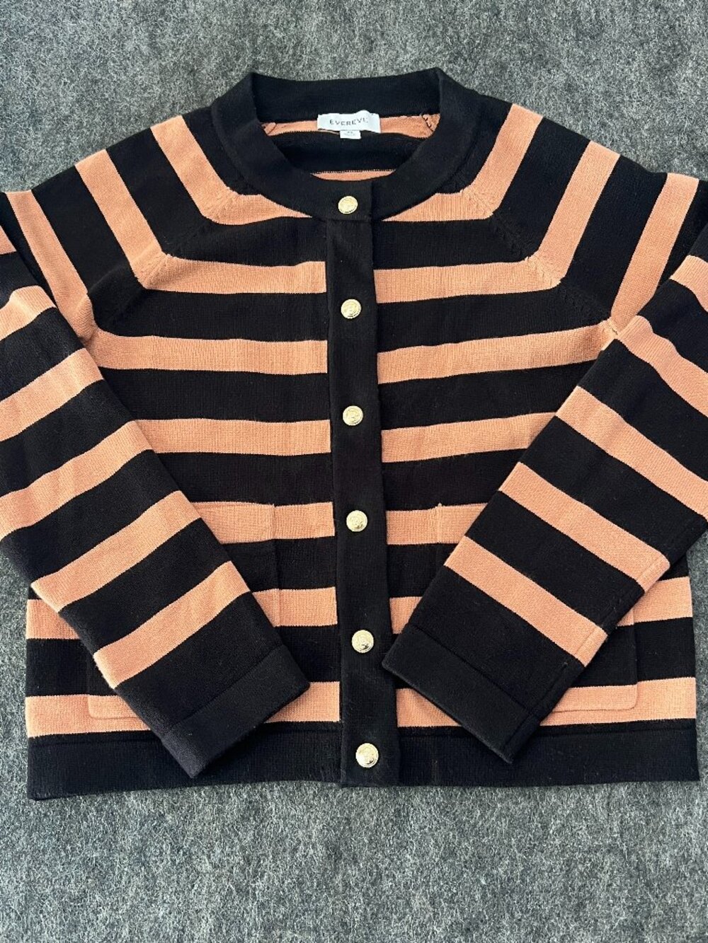 Evereve Mila Lady Like Black‎ Camel Tan Striped Button Front Cardigan Sweater